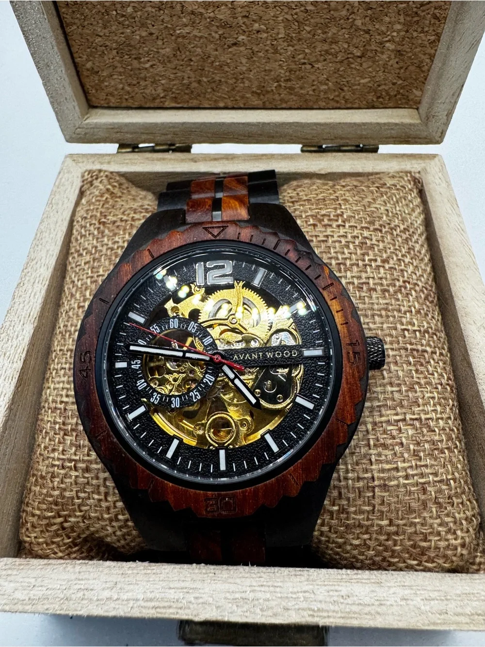 Avant Wood Skeleton Mechanical Watch - Brown Wood & Gold